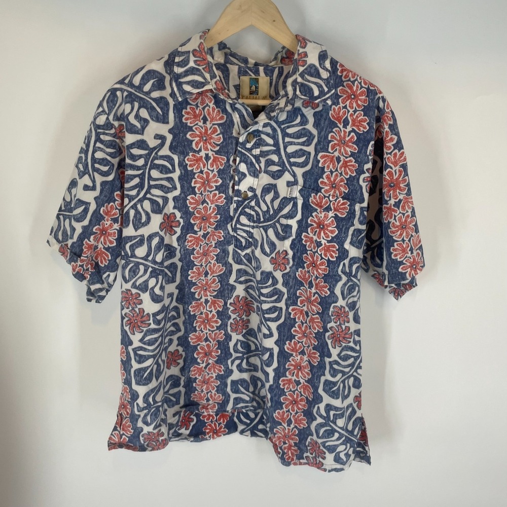Vintage Kahala Floral Short Sleeve Cotton Hawaiian Pullover Shirt Blue Red XL